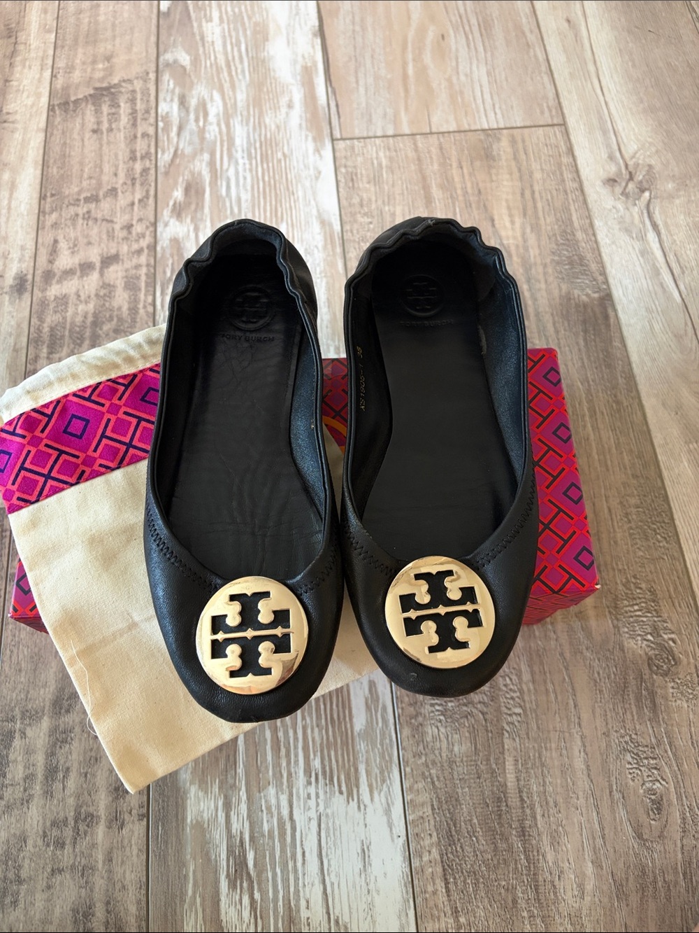 Tory Burch Black Leather Logo Ballet Flats with Gold Medallion